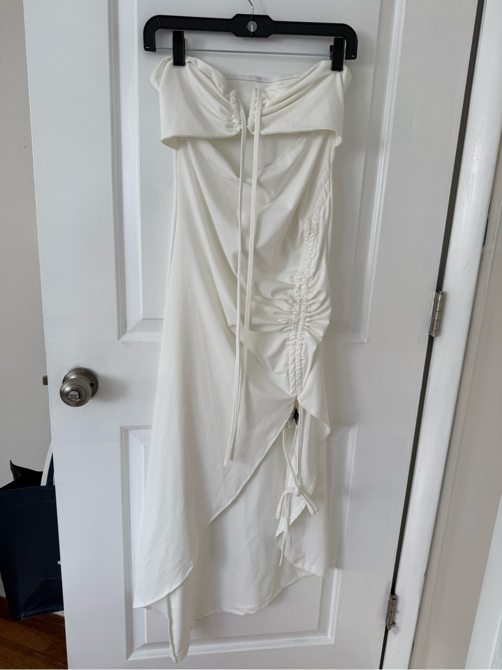 SHEIN White Strapless Ruched Asymmetric Midi Dress